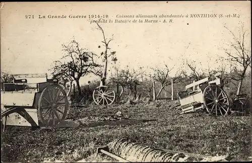 Ak Monthyon Seine et Marne, Coissons allemands abandonnes, 1. Weltkrieg, Kutschen