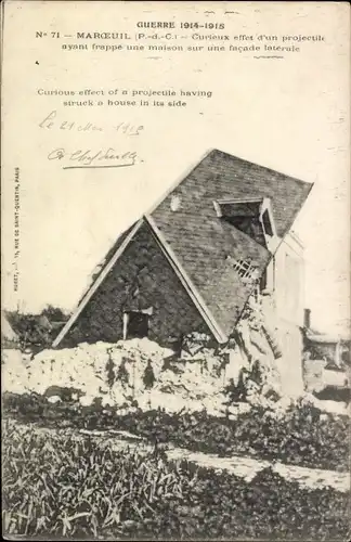 Ak Maroeuil Pas de Calais, Guerre 1914-1915, Haus, Kriegsschäden, Ruine, Trümmer, 1. Weltkrieg