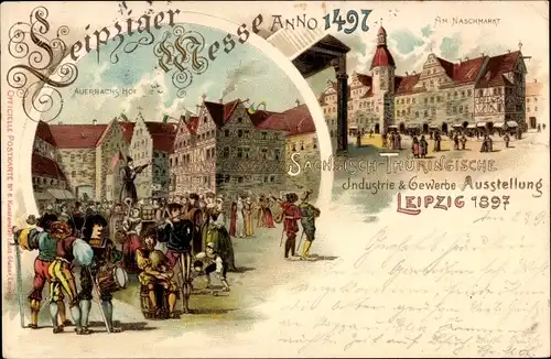 Litho Leipzig in Sachsen, Am Naschmarkt. Auerbachs Hof, historische Darstellung 1497