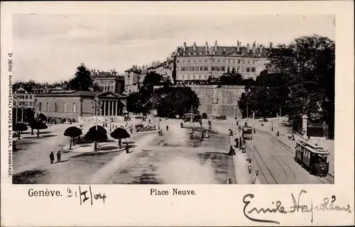 Ak Genève Genf Schweiz, Place Neuve, Straßenbahn