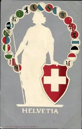Präge Wappen Ak Helvetia, Schweiz, Nationalallegorie, Kantonswappen