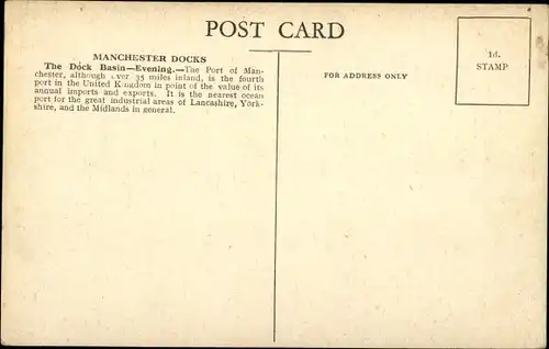 Künstler Ak Manchester England, Docks, The Dock Basin - Evening