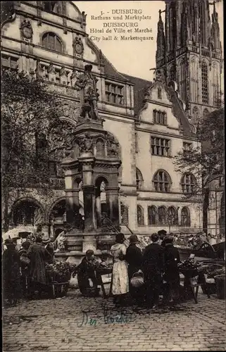 Ak Duisburg im Ruhrgebiet, Rathaus und Marktplatz