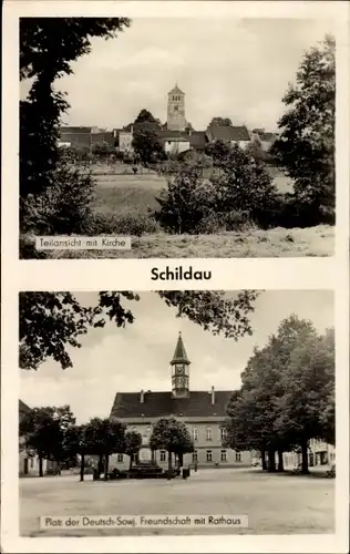 Ak Schildau in Nordsachsen, Kirche, Platz der Deutsch Sowjetischen Freundschaft, Rathaus