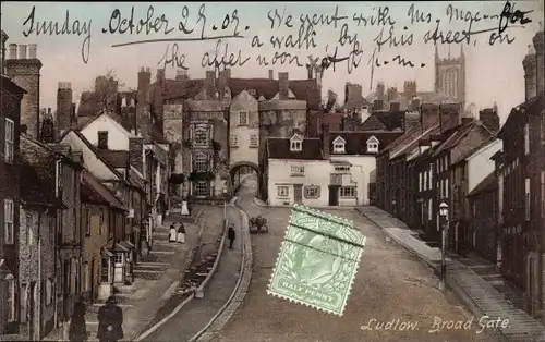 Ak Ludlow Shropshire England, Broad Gate, Straßenansicht, Torbogen, Turm