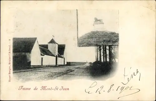 Ak Waterloo Wallonisch Brabant Belgien, Ferme de Mont-St-Jean, Denkmal Löwe, Gebäude, Straßenansicht