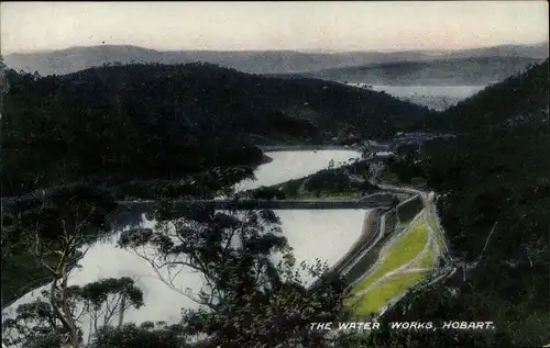 Ak Hobart Tasmanien Australien, The Water Works, Staudamm, Luftaufnahme