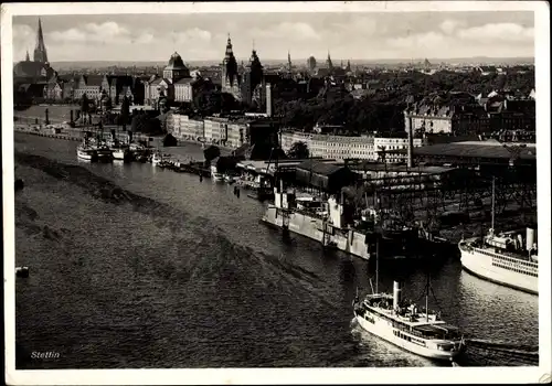 Ak Szczecin Stettin Pommern, Panorama, Hafen, Schiffe