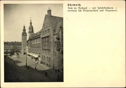 Ak Chemnitz in Sachsen, Rathaus, Jakobikirchturm, Straßenszene