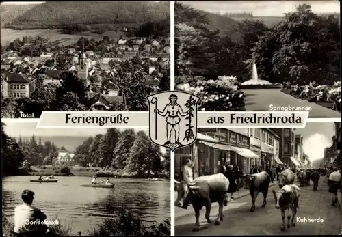 Ak Friedrichroda im Thüringer Wald, Ortsansicht, Springbrunnen, Gondelteich, Kuhherde