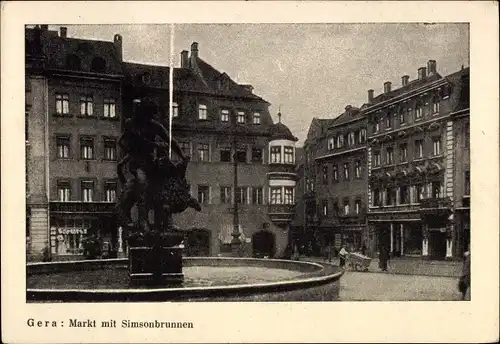 Ak Gera in Thüringen, Markt mit Simsonbrunnen, Karren