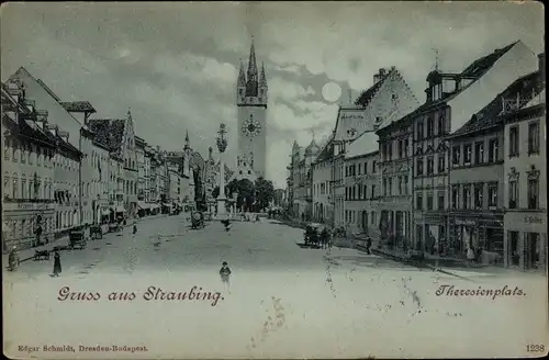 Mondschein Ak Straubing an der Donau Niederbayern, Theresienplatz
