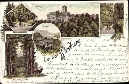 Litho Lutherstadt Eisenach Thüringen, Wartburg, Drachenschlucht, Mariental, Blick v. d. hohen Senne