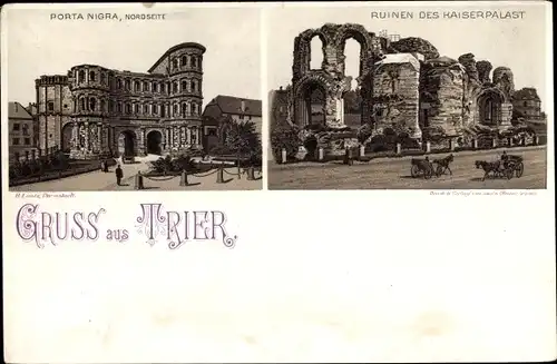 Litho Trier an der Mosel, Porta Nigra, Ruinen des Kaiserpalastes