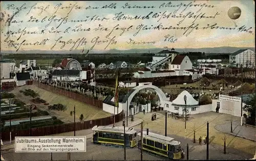 Ak Mannheim, Jubiläumsausstellung 1907, Eingang Seckenheimer Str., Vergnügungspark, Straßenbahn