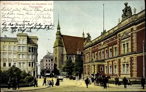 Ak Görlitz in der Lausitz, Postplatz mit Hauptpost und Frauenkirche