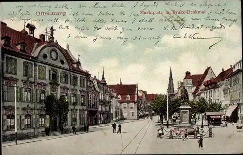 Ak Offenburg in Baden Schwarzwald, Marktplatz mit Drake Denkmal