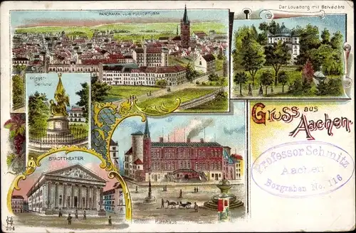 Litho Aachen in Nordrhein Westfalen, Kaiser Denkmal, Stadttheater, Panorama