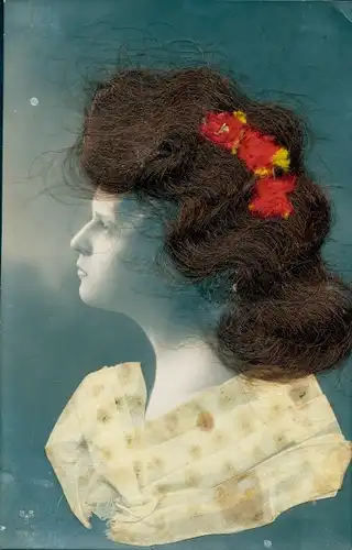 Stoff Ak Profilansicht einer Frau, Stoffschleife, Haare