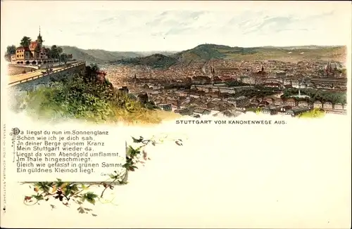 Litho Stuttgart in Württemberg, Berge, Gedicht, Blick über die Stadt