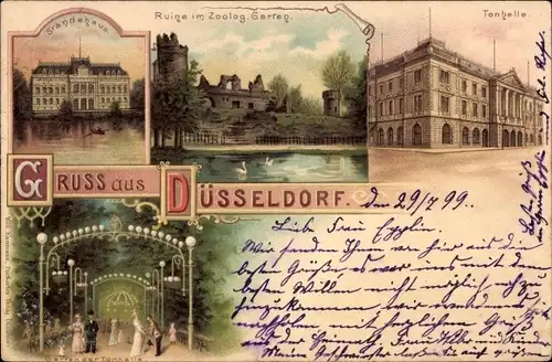 Litho Düsseldorf am Rhein, Strandhaus, ruine am Zoolog Garten, Tonhalle