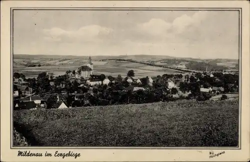 Ak Mildenau im Erzgebirge in Sachsen, Panorama der Ortschaft, Kirche, Felder