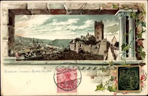 Litho Bingen am Rhein, Burg Klopp, Blick auf den Ort