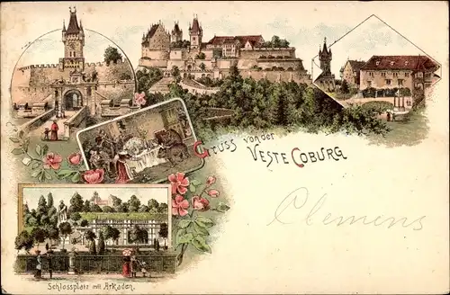 Litho Coburg in Oberfranken, Schlossplatz mit Arkaden, Blick auf die Veste