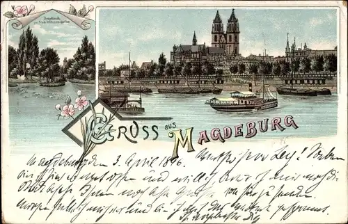 Ak Magdeburg an der Elbe, Blick auf den Dom und Binnenschiffe