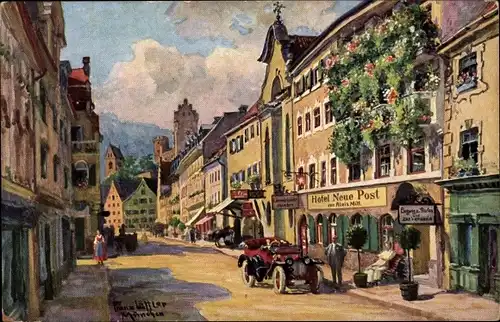 Künstler Ak Löttler, Franz, Füssen am Lech Schwaben Ostallgäu, Hauptstraße, Hotel Neue Post