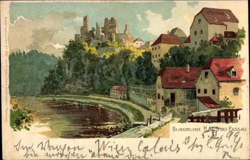 Litho Passau in Niederbayern, Burgruine Hals, Teilansicht des Ortes