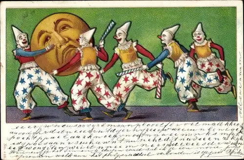Litho Tanzende Männer in Hampelmann-Kostümen, Mondschein