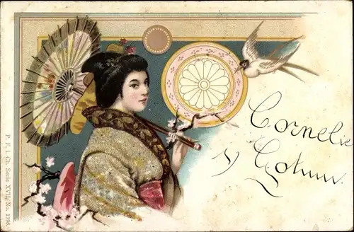 Litho Frau in japanischer Tracht, Regenschirm, Vogel
