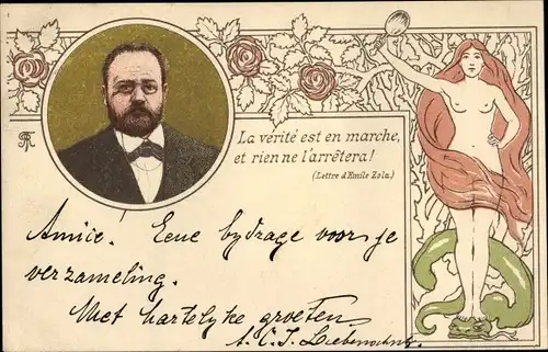 Jugendstil Künstler Ak Zitat von Emile Zola, La verite est en marche, et rien ne l'arretera