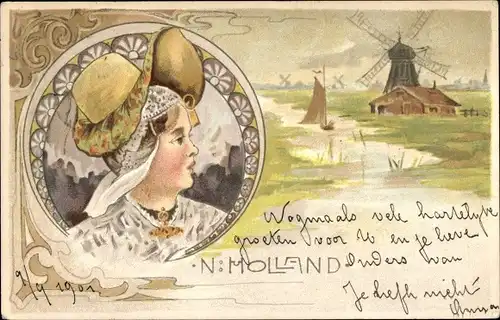Litho Frau in niederländischer Tracht, Portrait, Windmühle