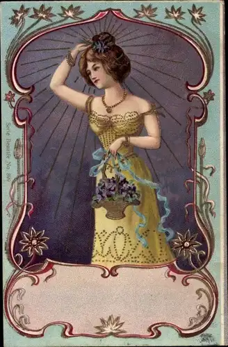 Präge Passepartout Jugendstil Ak Portrait einer jungen Frau mit Veilchen-Korb