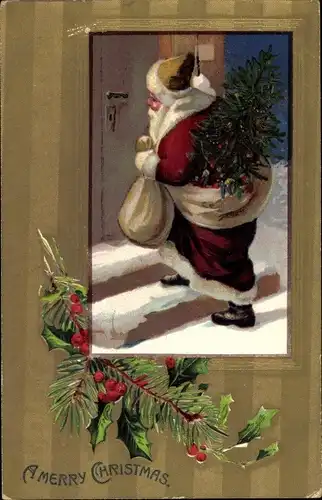 Präge Litho Glückwunsch Weihnachten, Weihnachtsmann mit Tannenbaum
