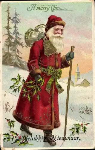 Ak Glückwunsch Neujahr, Weihnachtsmann, Stechpalme, Glocken