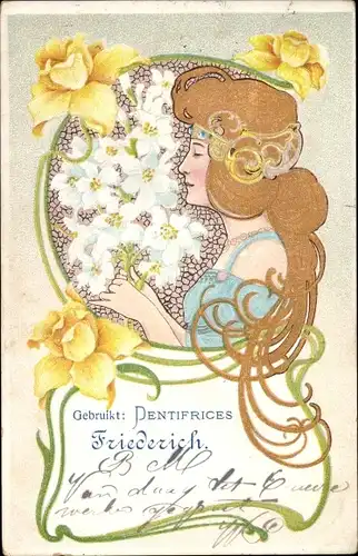 Jugendstil Litho Portrait einer jungen Frau, Blumenstrauß