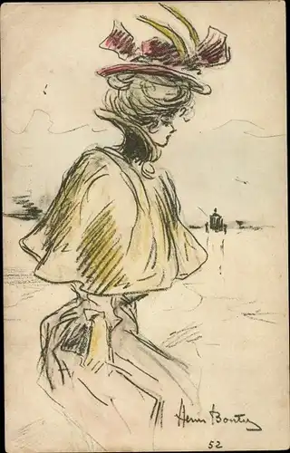 Künstler Ak Portrait einer Frau, Hut, Spaziergang