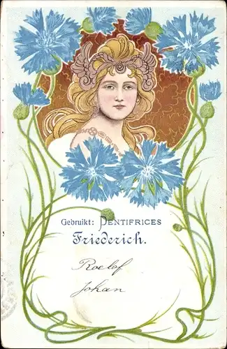 Jugendstil Litho Portrait einer jungen Frau, Blumen