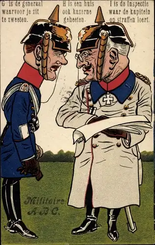 Ak Karikatur, Zwei Offiziere in Uniformen, Pickelhauben, Militaire ABC