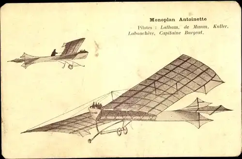 Ak Monoplan Antoinette, Latham, de Munm, Kuller, Labouchère, Burgeat, Flugpioniere