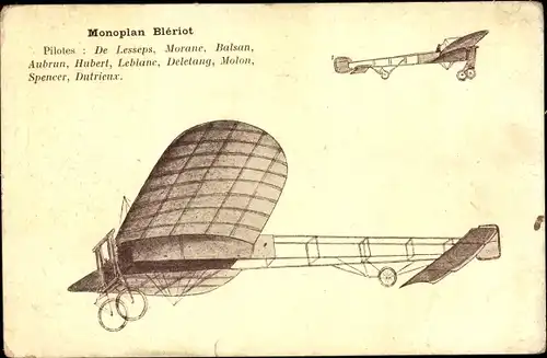 Ak Flugzeug, Monoplan Bleriot, Pilotes De Lesseps, Morane, Balsan, Aubrun, Hubert, Leblanc
