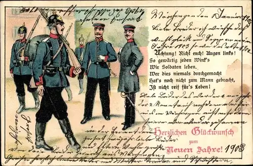 Litho Glückwunsch Neujahr, Deutsche Soldaten in Uniformen, Achtung, Richt eucht, Augen links...