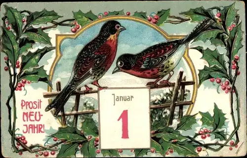 Ak Glückwunsch Neujahr, Kalender, Vögel, Stechpalme