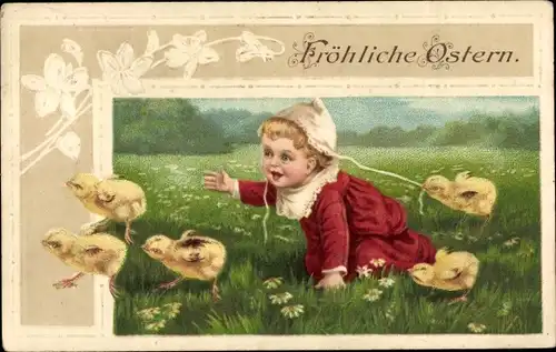 Präge Passepartout Ak Glückwunsch Ostern, Kind auf einer Wiese, Küken