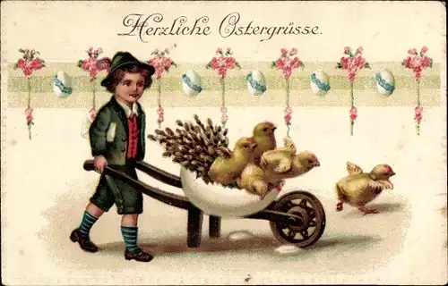 Präge Ak Glückwunsch Ostern, Küken, Schubkarre mit Eierschale, Weidenkätzchen