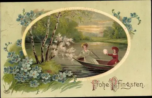 Präge Ak Glückwunsch Pfingsten, Mädchen im Ruderboot, Birken, Vergissmeinnicht