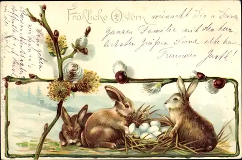 Litho Glückwunsch Ostern, Osterhasen, Weidenkätzchen, Ostereier